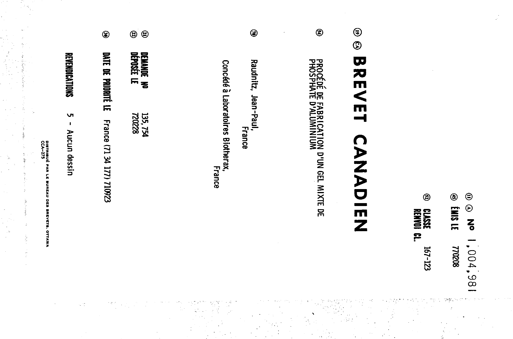 Document de brevet canadien 1004981. Page couverture 19931227. Image 1 de 1