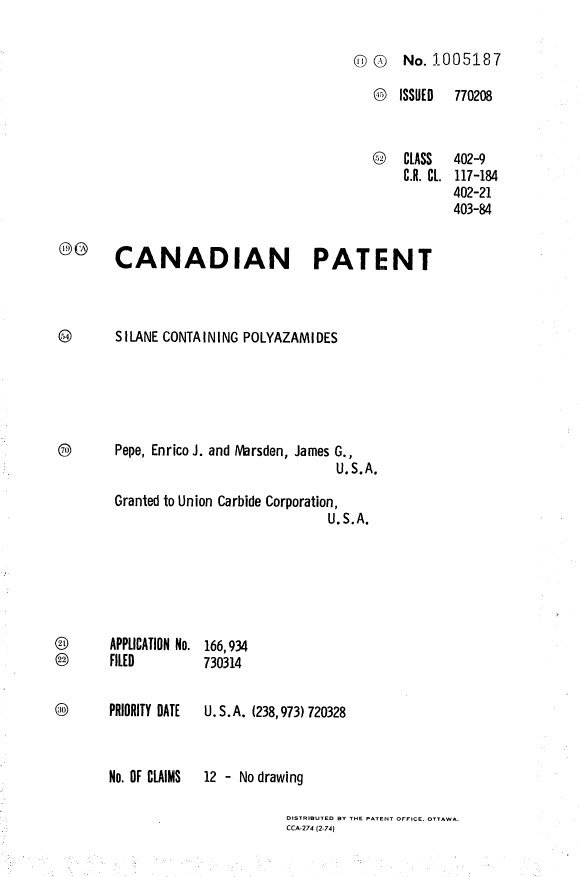 Canadian Patent Document 1005187. Cover Page 19940527. Image 1 of 1