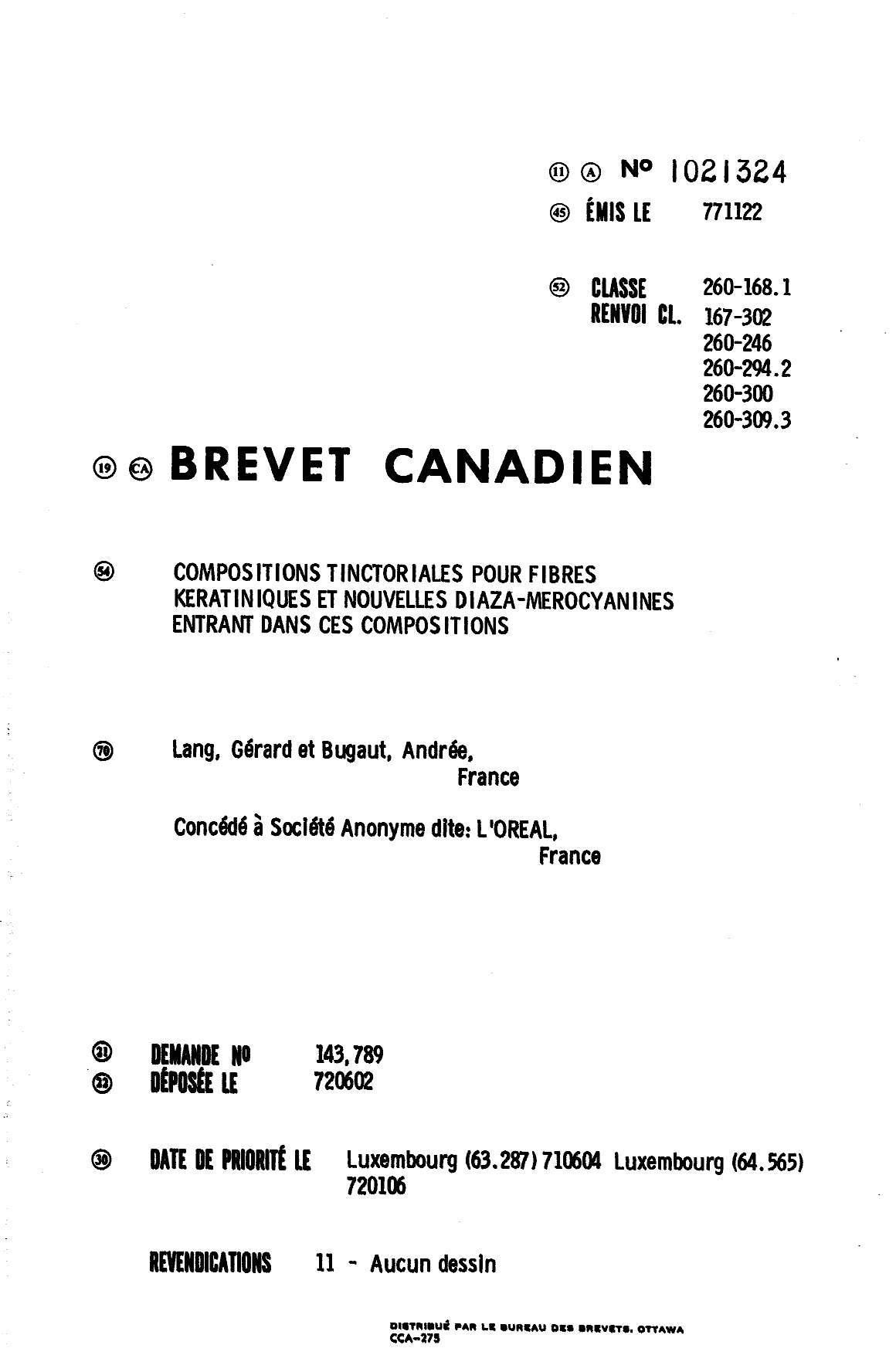 Document de brevet canadien 1021324. Page couverture 19940614. Image 1 de 1