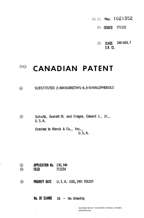 Canadian Patent Document 1021352. Cover Page 19940614. Image 1 of 1