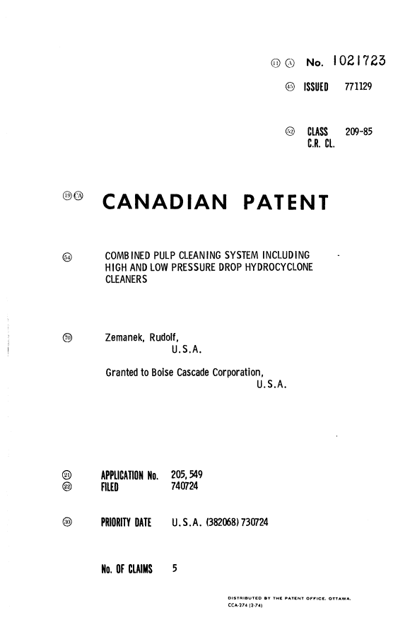Document de brevet canadien 1021723. Page couverture 19940625. Image 1 de 1