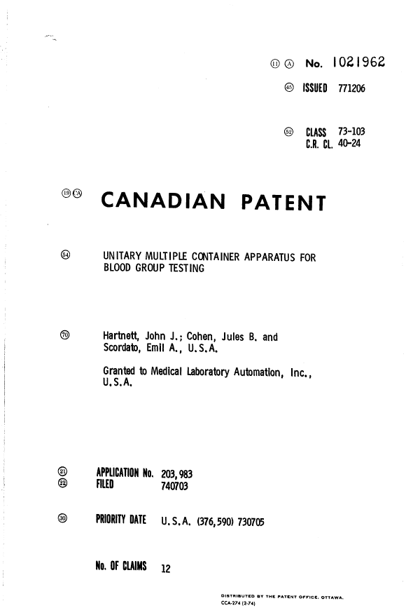 Canadian Patent Document 1021962. Cover Page 19940613. Image 1 of 1
