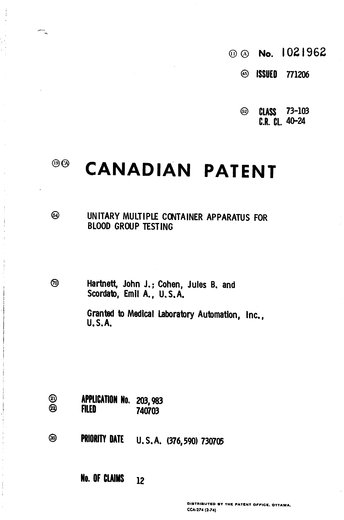 Canadian Patent Document 1021962. Cover Page 19940613. Image 1 of 1