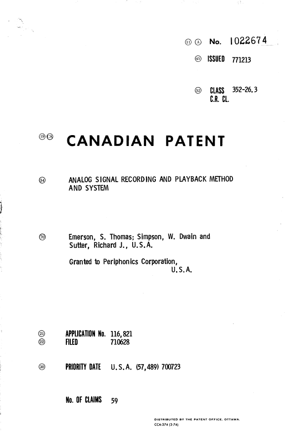 Canadian Patent Document 1022674. Cover Page 19940623. Image 1 of 1