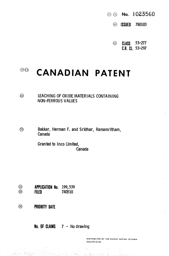 Canadian Patent Document 1023560. Cover Page 19940504. Image 1 of 1