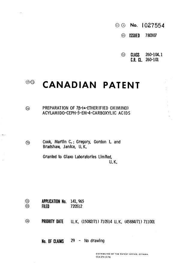 Document de brevet canadien 1027554. Page couverture 19940509. Image 1 de 1