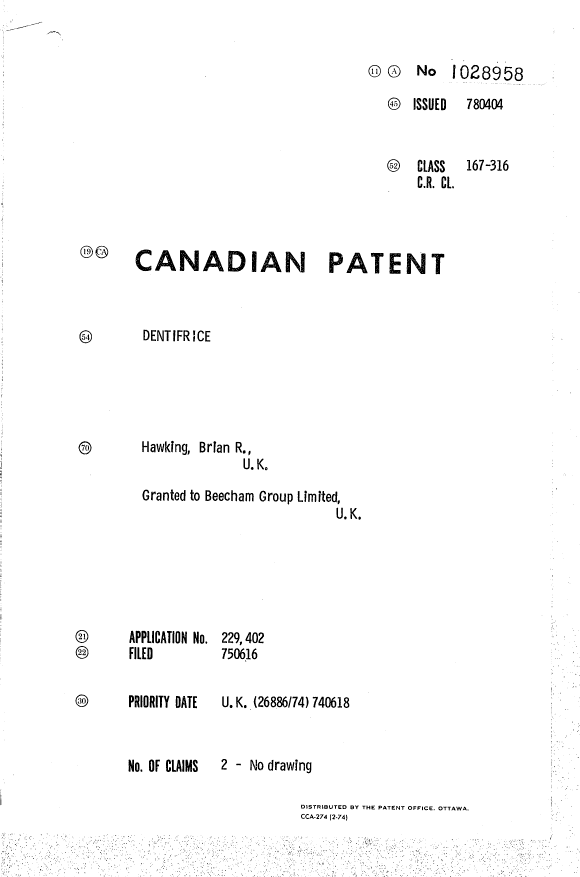 Document de brevet canadien 1028958. Page couverture 19940509. Image 1 de 1