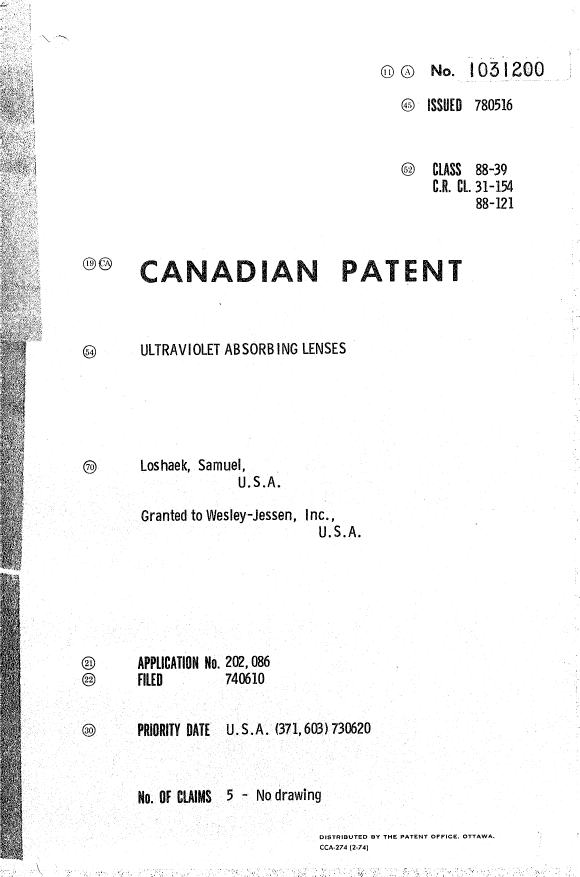 Canadian Patent Document 1031200. Cover Page 19940511. Image 1 of 1