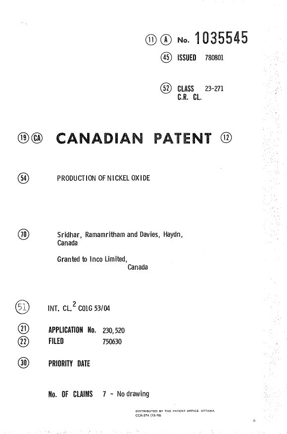 Canadian Patent Document 1035545. Cover Page 19931217. Image 1 of 1