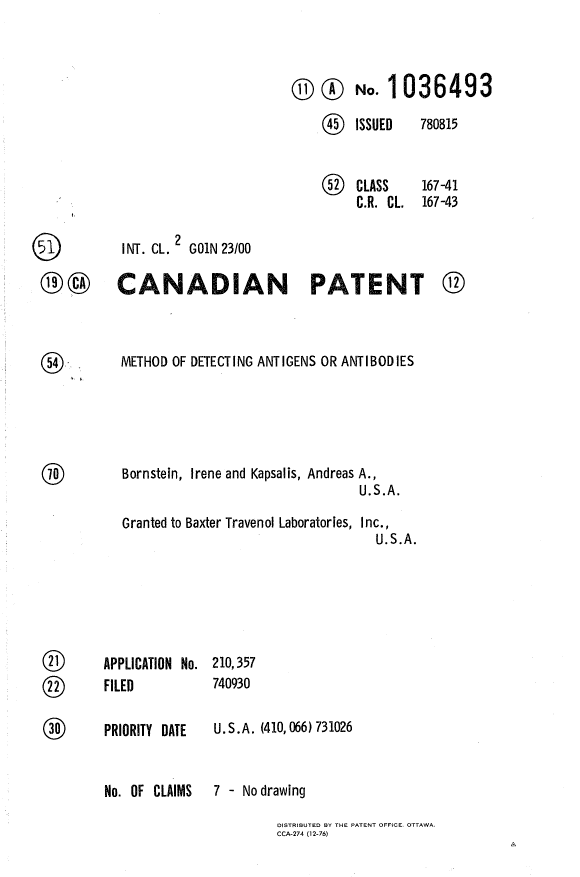 Canadian Patent Document 1036493. Cover Page 19931216. Image 1 of 1