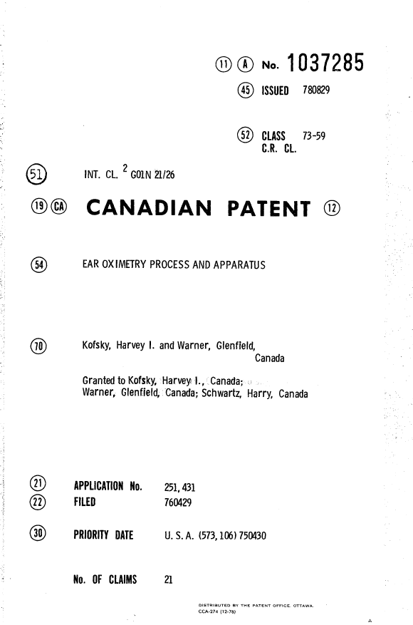 Canadian Patent Document 1037285. Cover Page 19931216. Image 1 of 1