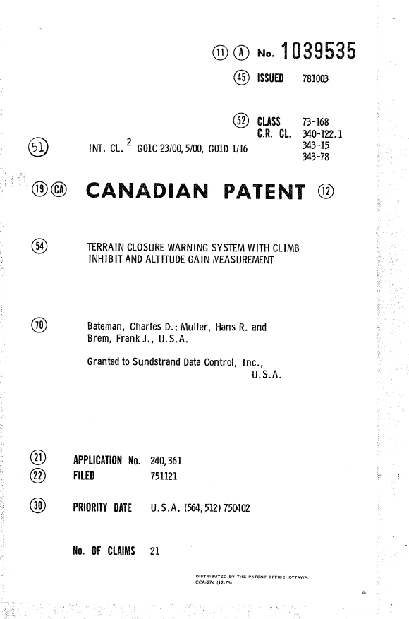Canadian Patent Document 1039535. Cover Page 19940519. Image 1 of 1