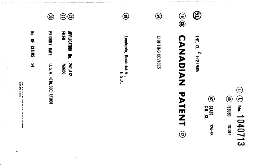 Canadian Patent Document 1040713. Cover Page 19940519. Image 1 of 1