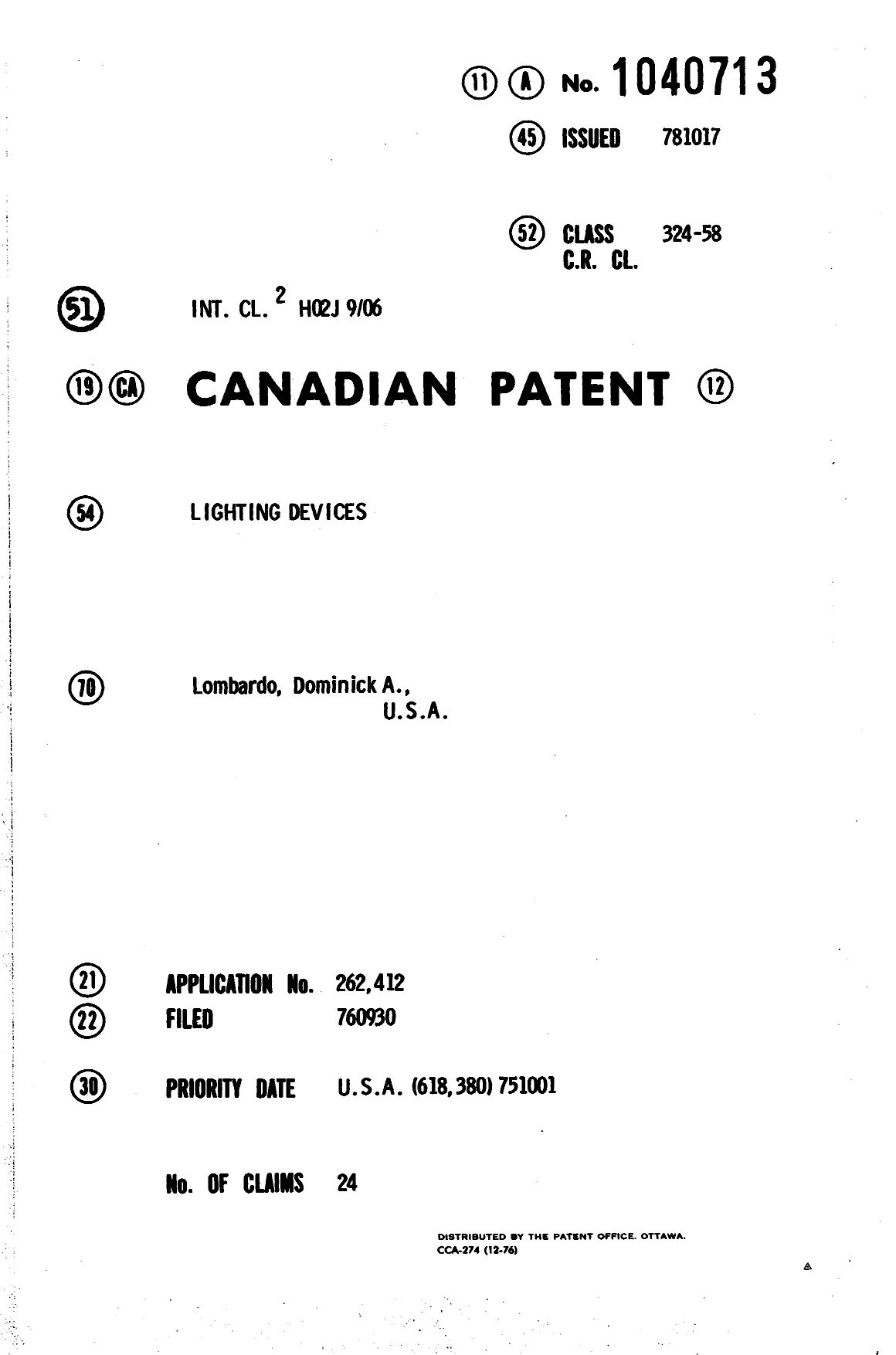 Canadian Patent Document 1040713. Cover Page 19940519. Image 1 of 1