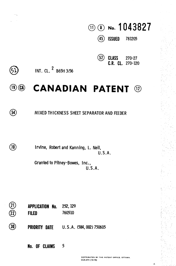 Canadian Patent Document 1043827. Cover Page 19940527. Image 1 of 1