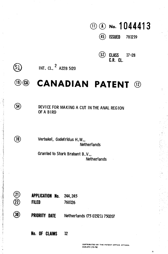 Canadian Patent Document 1044413. Cover Page 19940524. Image 1 of 1