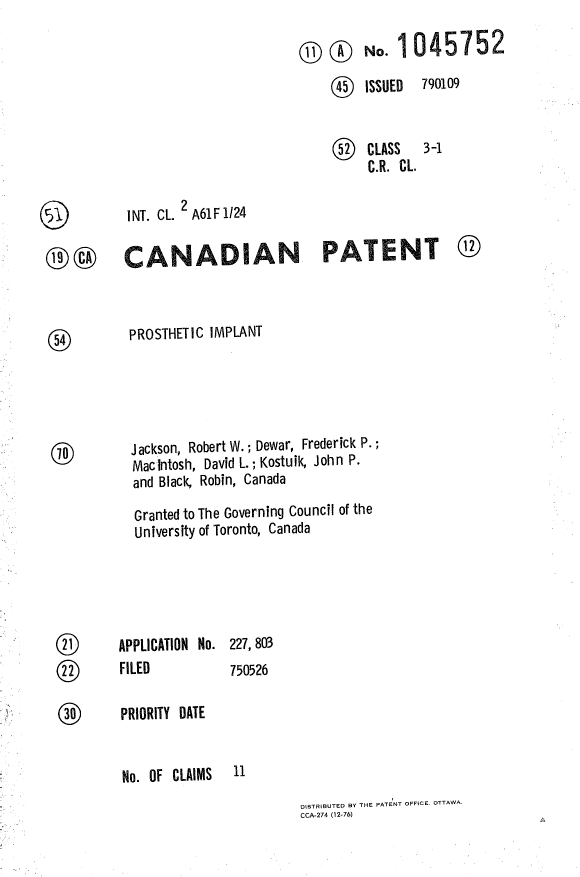 Canadian Patent Document 1045752. Cover Page 19931212. Image 1 of 1