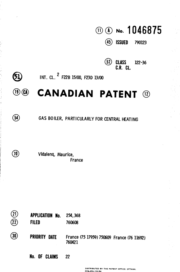 Canadian Patent Document 1046875. Cover Page 19940414. Image 1 of 1