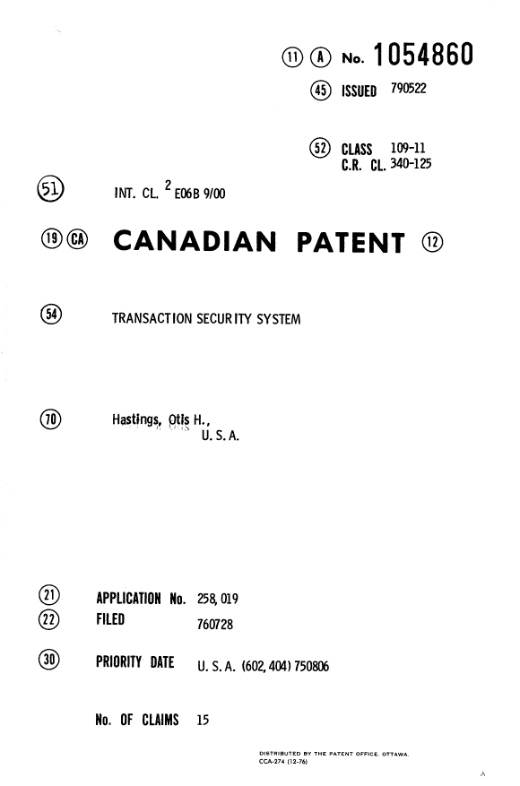 Canadian Patent Document 1054860. Cover Page 19940421. Image 1 of 1