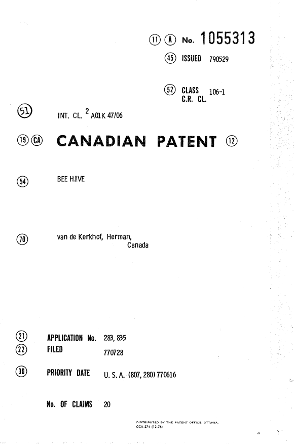 Canadian Patent Document 1055313. Cover Page 19931220. Image 1 of 1