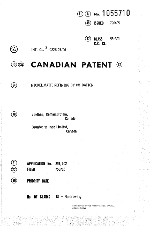 Canadian Patent Document 1055710. Cover Page 19931220. Image 1 of 1