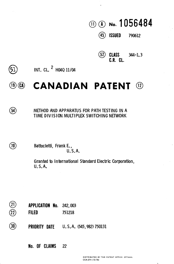 Document de brevet canadien 1056484. Page couverture 19940430. Image 1 de 1