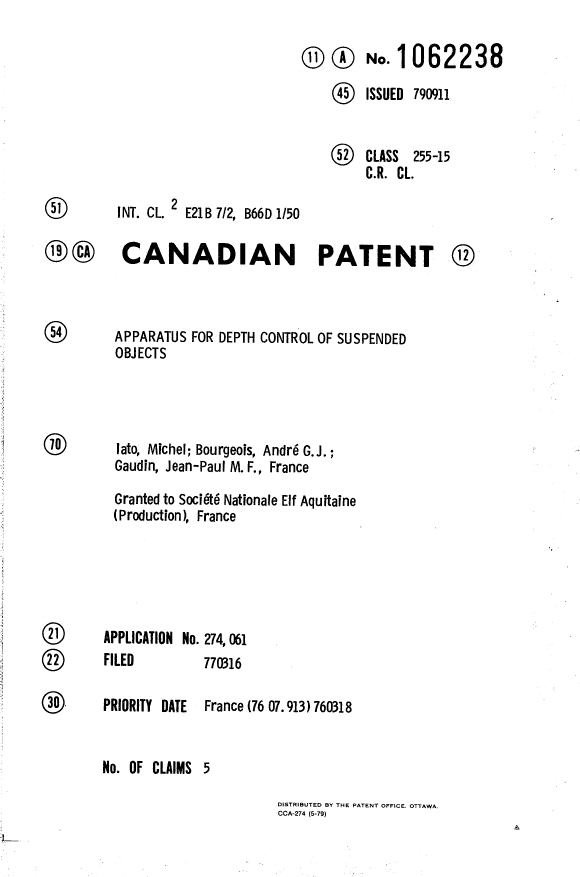 Canadian Patent Document 1062238. Cover Page 19940425. Image 1 of 1