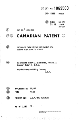 Canadian Patent Document 1069500. Cover Page 19940323. Image 1 of 1