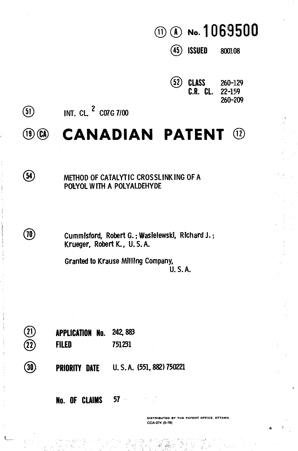 Canadian Patent Document 1069500. Cover Page 19940323. Image 1 of 1