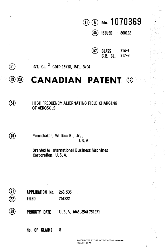 Document de brevet canadien 1070369. Page couverture 19940517. Image 1 de 1