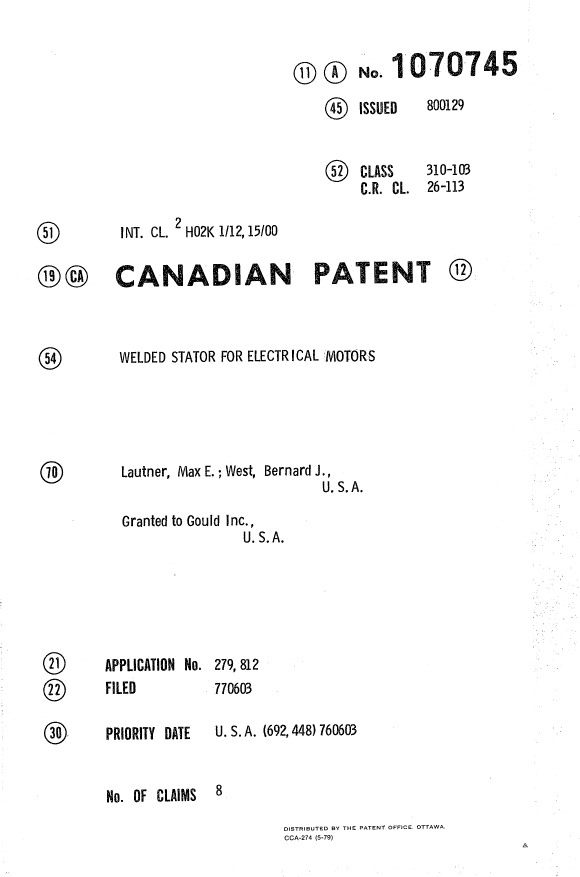 Document de brevet canadien 1070745. Page couverture 19940325. Image 1 de 1