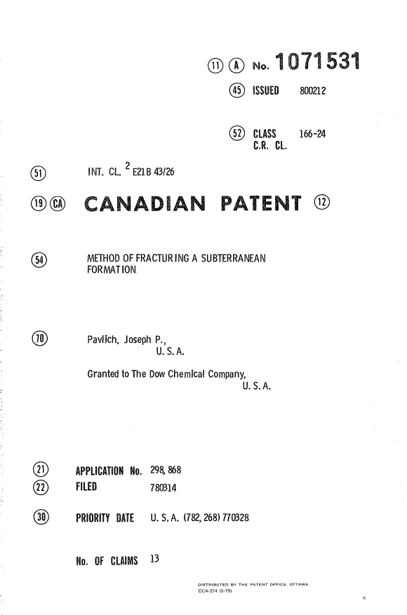 Canadian Patent Document 1071531. Cover Page 19940325. Image 1 of 1