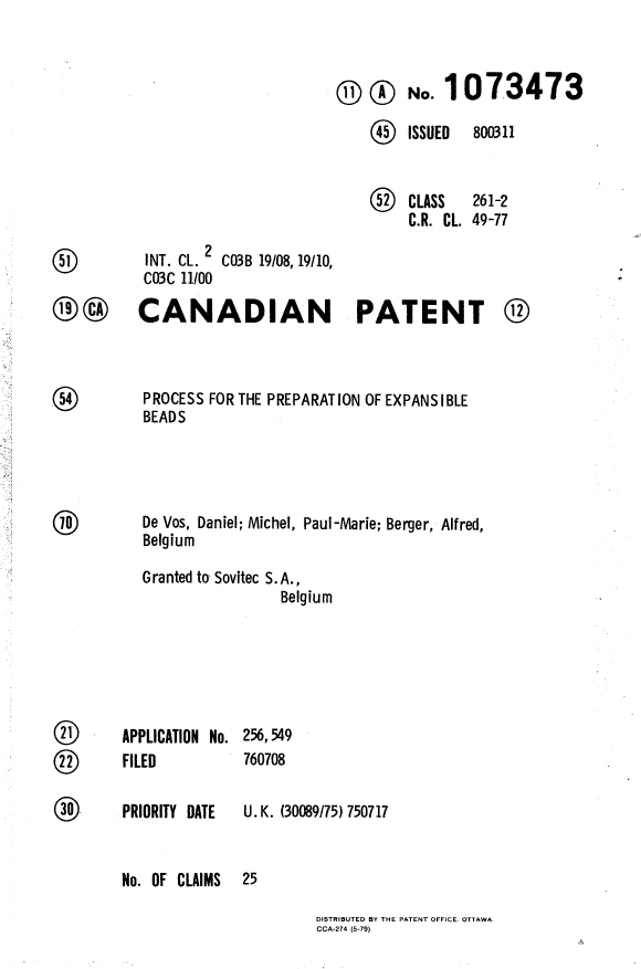 Canadian Patent Document 1073473. Cover Page 19940328. Image 1 of 1