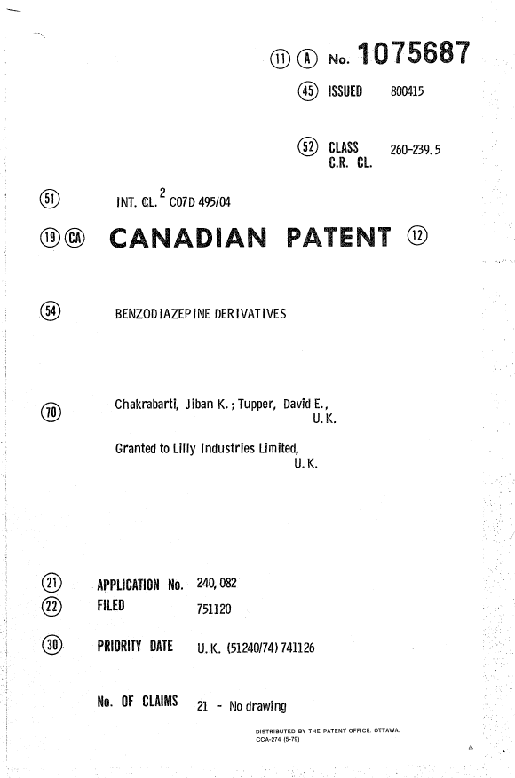 Canadian Patent Document 1075687. Cover Page 19931207. Image 1 of 1