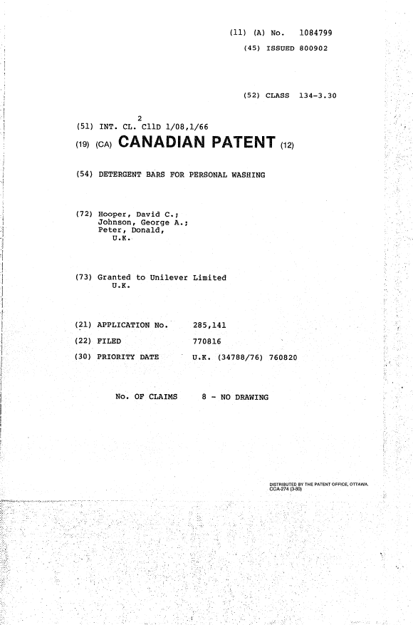 Canadian Patent Document 1084799. Cover Page 19940408. Image 1 of 1