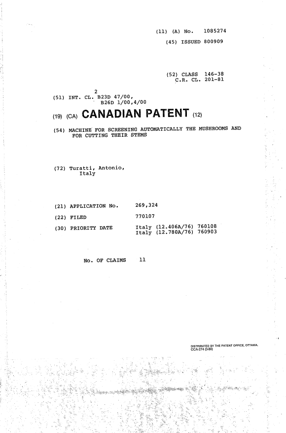 Canadian Patent Document 1085274. Cover Page 19940412. Image 1 of 1