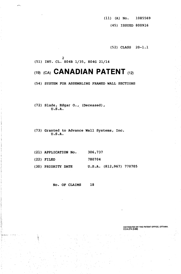 Document de brevet canadien 1085569. Page couverture 19940412. Image 1 de 1