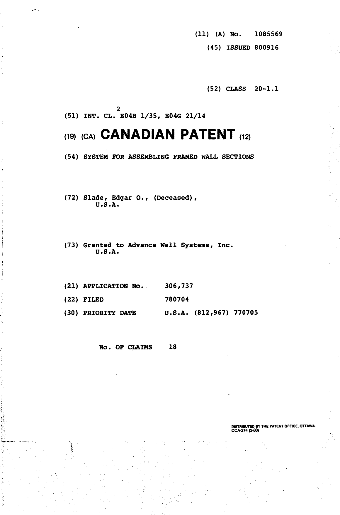 Canadian Patent Document 1085569. Cover Page 19940412. Image 1 of 1