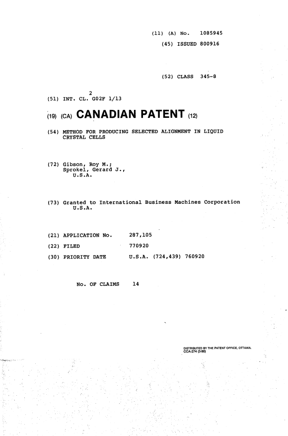 Canadian Patent Document 1085945. Cover Page 19940408. Image 1 of 1