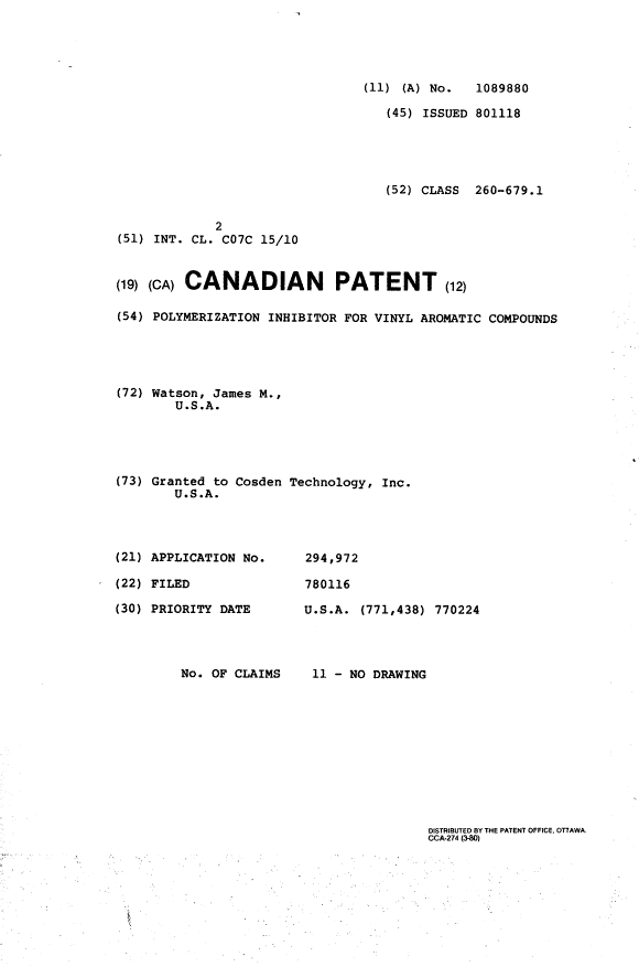 Canadian Patent Document 1089880. Cover Page 19940413. Image 1 of 1