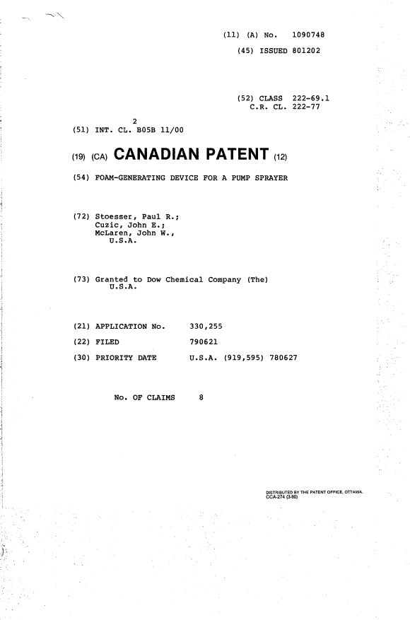 Canadian Patent Document 1090748. Cover Page 19931221. Image 1 of 1