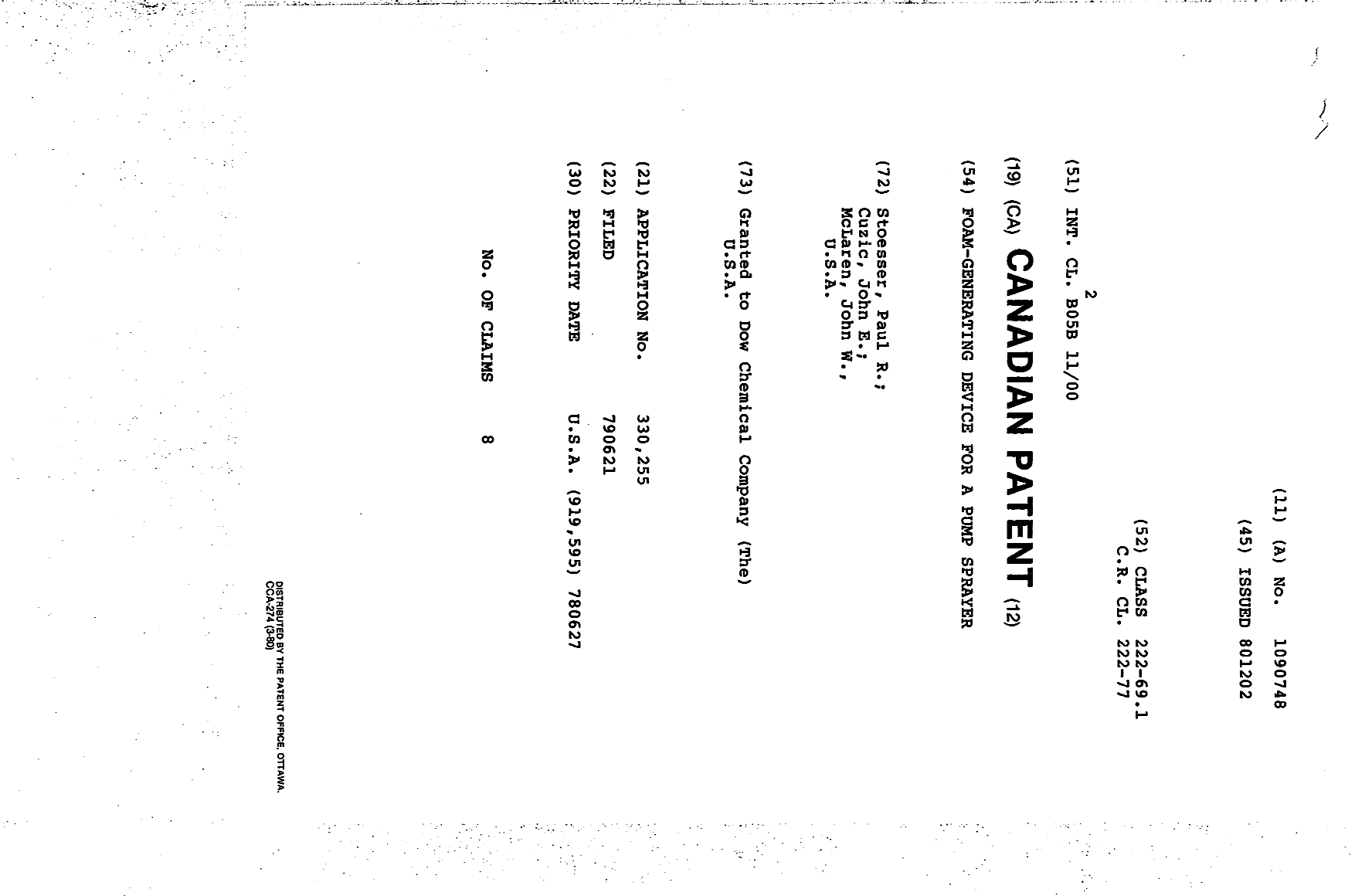 Canadian Patent Document 1090748. Cover Page 19931221. Image 1 of 1