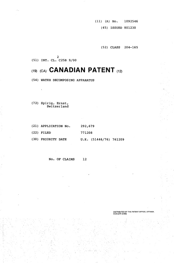 Canadian Patent Document 1092546. Cover Page 19931214. Image 1 of 1