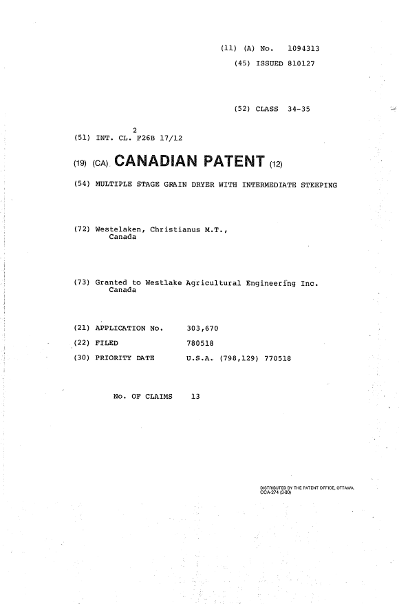Document de brevet canadien 1094313. Page couverture 19940308. Image 1 de 1