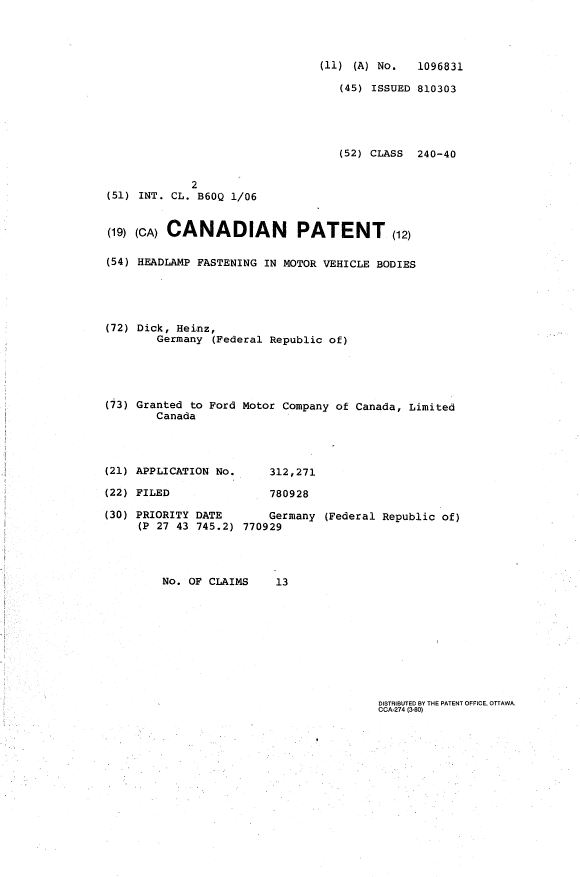 Canadian Patent Document 1096831. Cover Page 19940309. Image 1 of 1