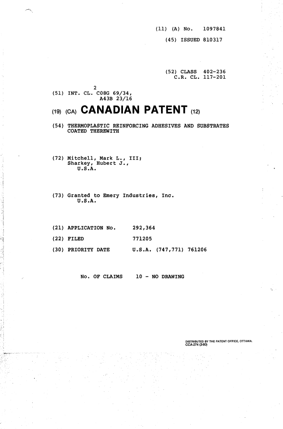Document de brevet canadien 1097841. Page couverture 19940309. Image 1 de 1