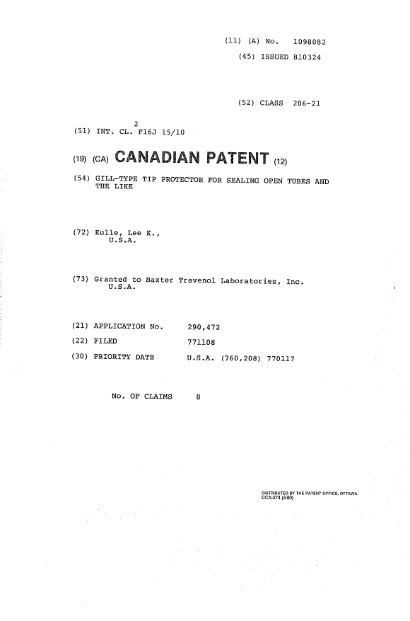 Canadian Patent Document 1098082. Cover Page 19940309. Image 1 of 1