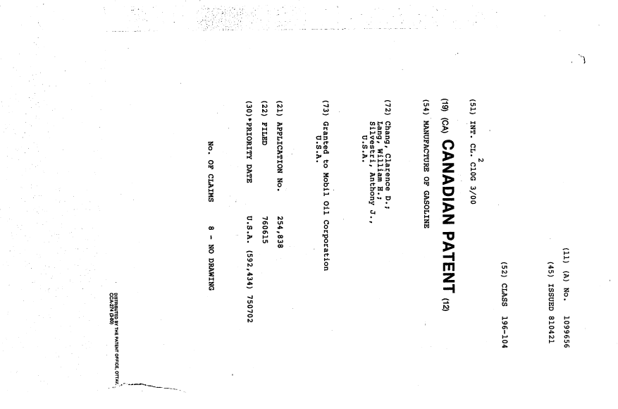 Canadian Patent Document 1099656. Cover Page 19931215. Image 1 of 1