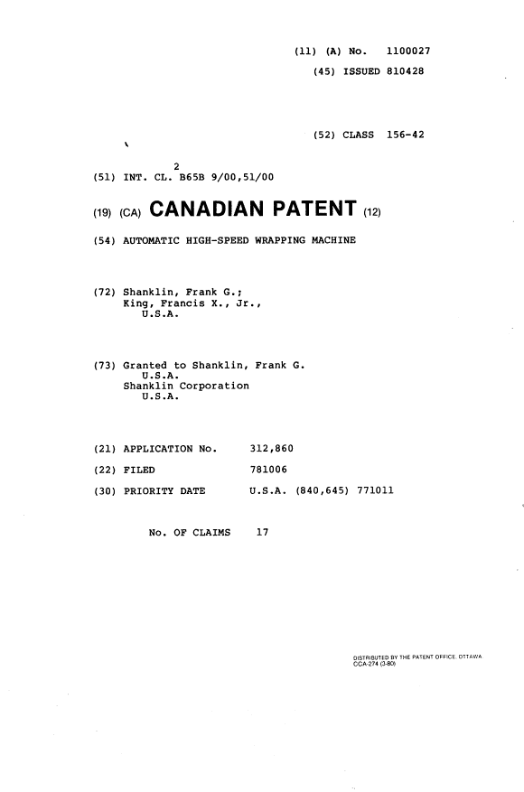 Document de brevet canadien 1100027. Page couverture 19940314. Image 1 de 1