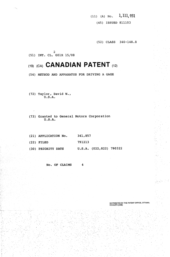 Canadian Patent Document 1111931. Cover Page 19940324. Image 1 of 1